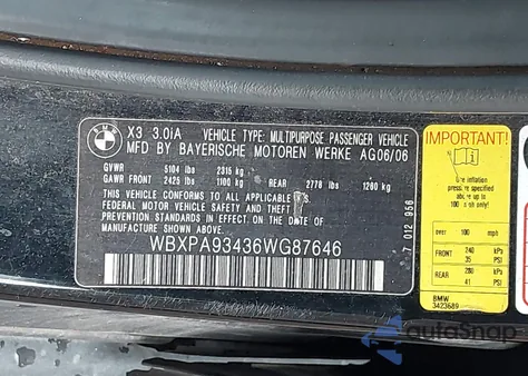 2006 BMW X3 3.0I from USA, damaged, VIN WBXPA93436WG87646